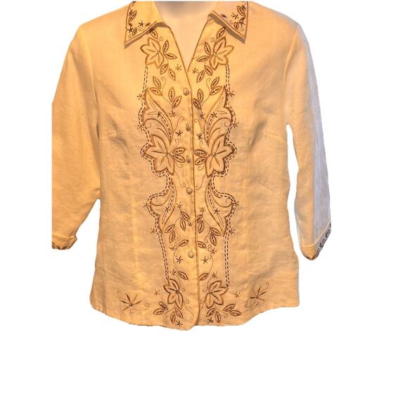 Carole Little Woman Size 1X 100% Linen Blouse Lined Embroidery Boho Classic - Picture 1 of 15